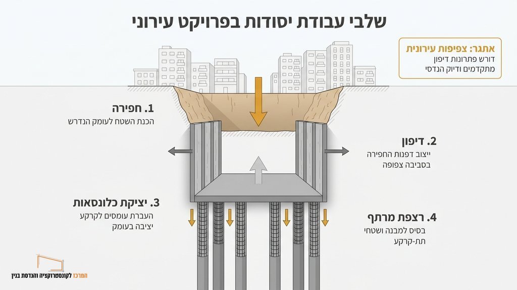 נוצר על ידי מודל בינה מלאכותית Gemini Pro אתר בנייה צפוף בתל אביב המדגים עבודות ביסוס הנדסיות ומורכבות עירונית