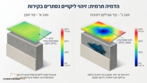 מהנדס מבצע איתור נזילות במצלמה תרמית על קיר מבנה